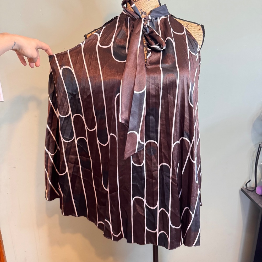 Ashley Stewart Womens 16W Brown Geometric Tie Neck Halter Top Blouse Made in USA